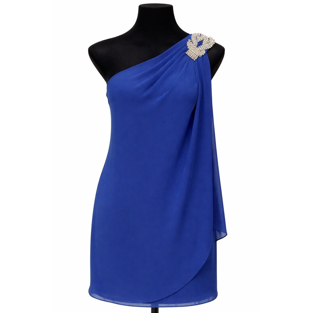 Vintage‎ Cache Womens One Shoulder Evening Dress Size 0 Blue Chiffon Embellished